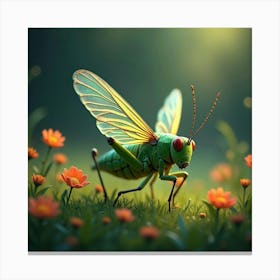 A Whimsical Grasshopper With Iridescent Wings Hopping Through A Meadow Of Glowing Flowers 1 Canvas Print