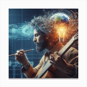 Man Playing Guitar With Light Bulb In His Head Canvas Print