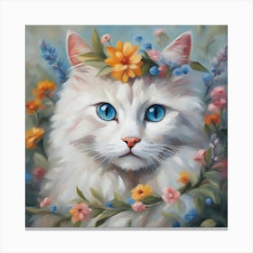 White Cat With Flowers Canvas Print