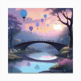 Bridge Over The River Hot Air Balloons Landscape Canvas Print