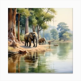 Elephants By The River Canvas Print