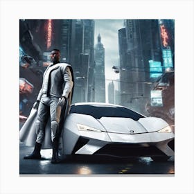 Futuristic Man Standing Next To Futuristic Car Canvas Print