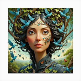 Girl With Birds On Her Head Canvas Print