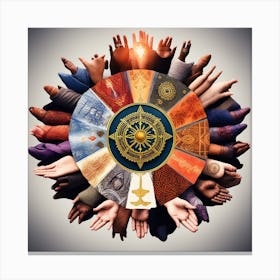 The Image Portrays A Diverse Group Of Hands Holding Symbols Representing Different Religions And Beliefs, Arranged In A Circle To Promote Unity And Understanding Canvas Print