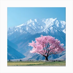 One Sakura Tree and Mountains Canvas Print