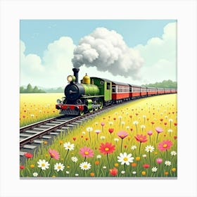 Charming Train Crossing A Beautiful Watercolor Field Of Blooms 1 Canvas Print