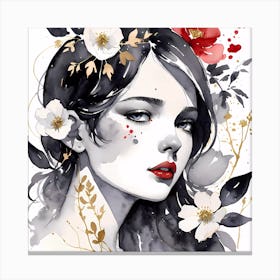 Selective Colour Portrait Of A Gorgeous Girl With Red And Gold Flower Square Format Canvas Print