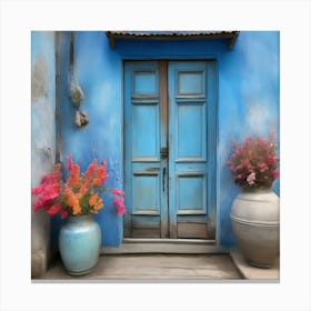Blue wall. An old-style door in the middle, silver in color. There is a large pottery jar next to the door. There are flowers in the jar Spring oil colors. Wall painting.7 Canvas Print