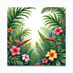 Lush Tropical Garden In Watercolor, With Exotic Flowers And Greenery Canvas Print