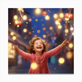 Little Girl With Christmas Lights Canvas Print