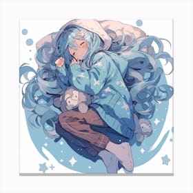 Anime Girl Sleeping With Teddy Bear Canvas Print