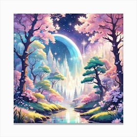 A Fantasy Forest With Twinkling Stars In Pastel Tone Square Composition 406 Canvas Print