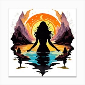 Woman Silhouette Facing Sunset With Nature Canvas Print