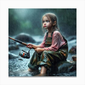 Little Girl Fishing In The Rain Canvas Print