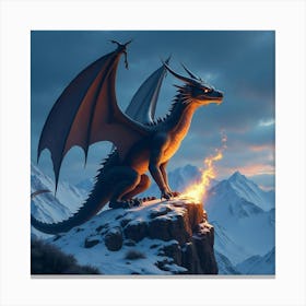 Ancient Dragon Perched Atop A Snowy Mountain, Fire Illuminating The Night 1 Canvas Print