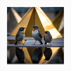 Three Birds On A Mirror Canvas Print