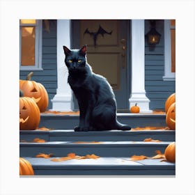 Black Cat In Front Of House Canvas Print
