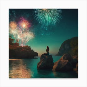 Mermaid admires fireworks Canvas Print