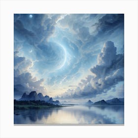 Moon And Clouds Over A Lake Canvas Print