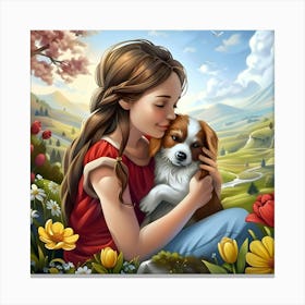 Girl And Dog In Springtime Bliss Canvas Print