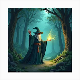 A Wizard Casting A Spell In A Glowing Enchanted Forest Clearing 1 Canvas Print