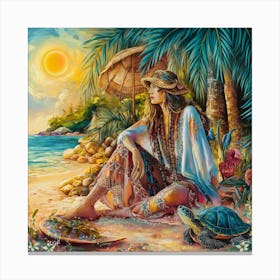 Woman Sitting On The Beach Canvas Print