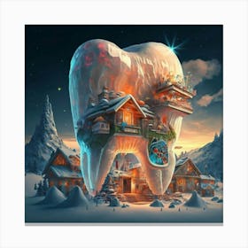, a house in the shape of giant teeth made of crystal with neon lights and various flowers 11 Canvas Print