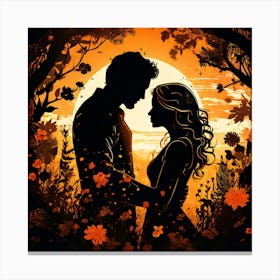 Silhouette Of Lovers, Silhouettes Of Two People Hugging Surrounded By Elements Of Nature Flowers Trees Growing Canvas Print