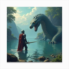 A Knight Battling A Giant Serpent In A Mystical Lake 1 Canvas Print