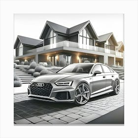 A Pencil Drawing Of A Audi Rs4 In Front Of A Beautiful Modern Mansion Canvas Print