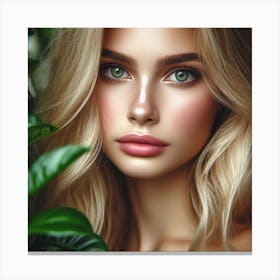 Blond Beauty With Green Leaves Canvas Print