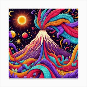 A Mountain With Colorful Streaks Of Ribbon With Purple Feathers Sun And Moon And Star In A Volcano Of Red Flames 2 Canvas Print