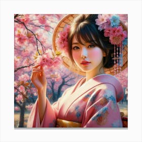Asian Girl In Cherry Blossoms 2 Canvas Print