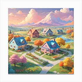 A Charming, Stylized Illustration Of A Small Town With Colorful Houses, Trees In Autumn Foliage, A Winding Road, And A Snow Capped Mountain In The Background Canvas Print