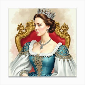 Watercolor Portrait Of Queen Elizabeth I, Detailed Gown, Regal Background 1 Canvas Print