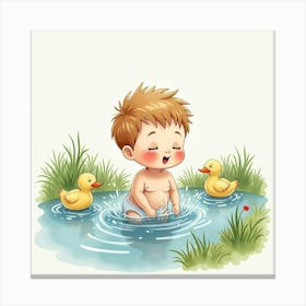 Baby Boy Splashing In A Watercolor Pond With Ducks Swimming Nearby Canvas Print