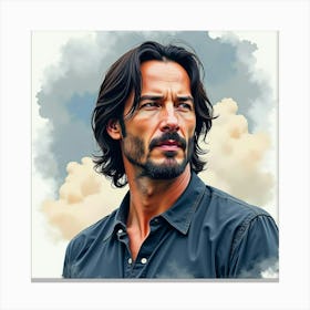 Watercolor Portrait Of Keanu Reeves Against A Backdrop Of Swirling Clouds 1 Canvas Print