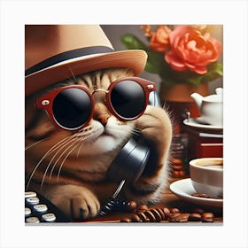 A Cat With A Hat And Sunglasses On Talking On A Phone 1 Canvas Print