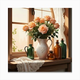 Roses On The Window Sill 1 Canvas Print