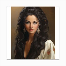 Oil painting 2. Portrait of a woman 3. Long hair 4. White blouse 5. Gold and black patterned kimono 6. Large, expressive eyes 7. Dangling earrings 8. Realistic artwork 9. Beauty and grace 10. Painting of a woman. Canvas Print