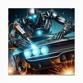 Futuristic Robot Working On Muscle Car 2 Canvas Print