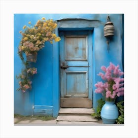 Blue wall. An old-style door in the middle, silver in color. There is a large pottery jar next to the door. There are flowers in the jar Spring oil colors. Wall painting.4 Canvas Print
