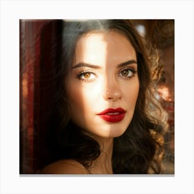 Woman With Brown Eyes And Red Lips Against A Rosy Background Caught In A Peering Gaze Through A Gla Canvas Print