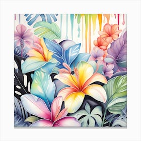 Colorful Tropical Flowers Monochromatic Watercolor Canvas Print