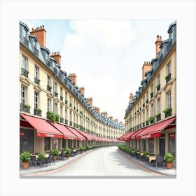 Parisian Street In Watercolor With Charming Cafés And Historic Buildings 1 Canvas Print