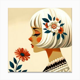 White Short Hair Girl With Flowers Canvas Print