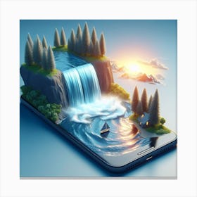 A smartphone whose screen displays a miniature view of a waterfall. 5 Canvas Print