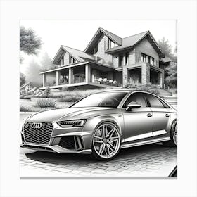 A Pencil Drawing Of A Audi Rs4 In Front Of A Beautiful Modern Mansion 1 Canvas Print