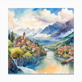 Watercolor Of A Village Canvas Print