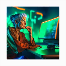 Middle Aged Woman Looking At Futuristic Computer Screen With Green Ambient Background Canvas Print